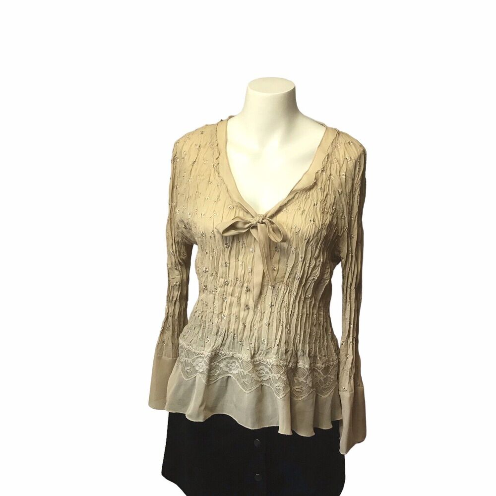 Allison Taylor -Sz XL‎ Gorgeous Crinkled Champagne Lace Embroidered Blouse Shirt